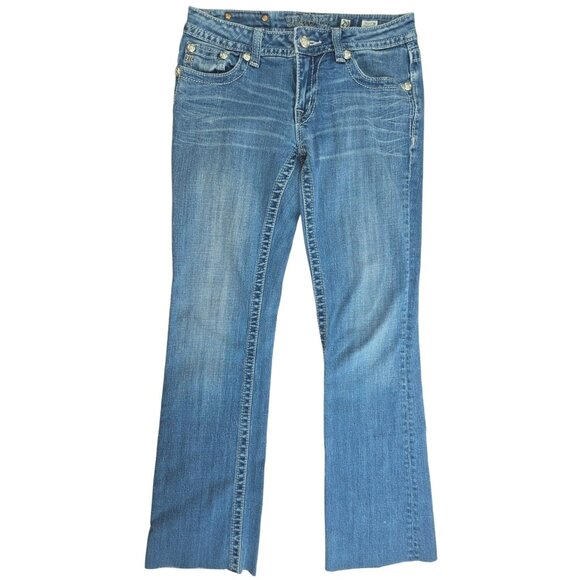 Miss Me Womens Embellished Bootcut Blue Denim Raw Hem Jeans 29x30 - Picture 1 of 11